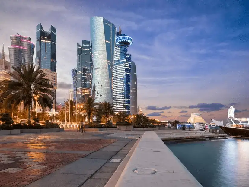 A scenic waterfront promenade with stunning views of Doha’s skyline.