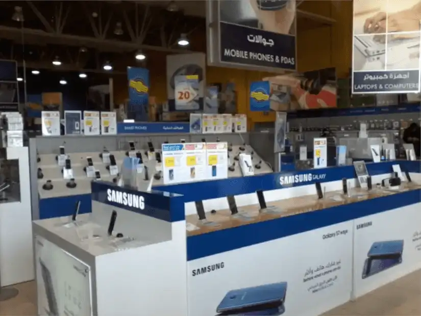 Modern electronics display at eXtra Mall featuring Samsung products.