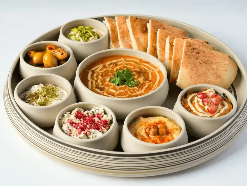 Assorted Middle Eastern dips and bread, great for an appetizer or snack