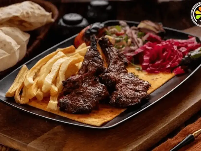 Grilled succulent ribs served with golden fries and a side salad.