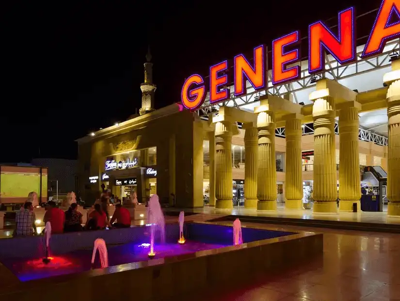 A night view of Genena City, elegantly lit and packed with entertainment options, reflecting a lively urban nightlife.