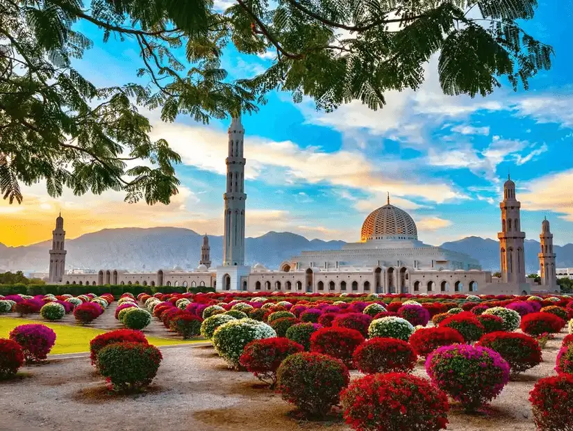 The magnificent Sultan Qaboos Grand Mosque, surrounded by colorful gardens and set against a backdrop of mountains.