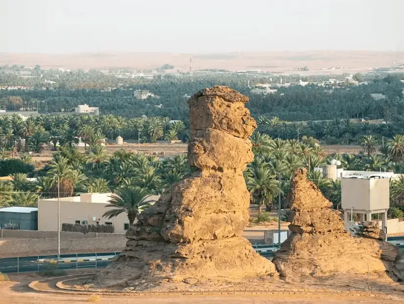 Natural rock formation resembling a towering figure amidst an oasis of palm trees.