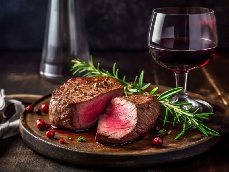 Steak dinner set for an elegant evening with a glass of red wine, featuring juicy steak cuts and fresh garnishes.