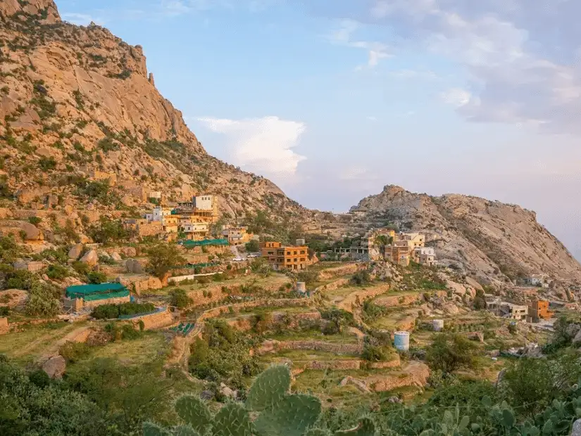 Picturesque village of Jabal Shada with terraced fields.