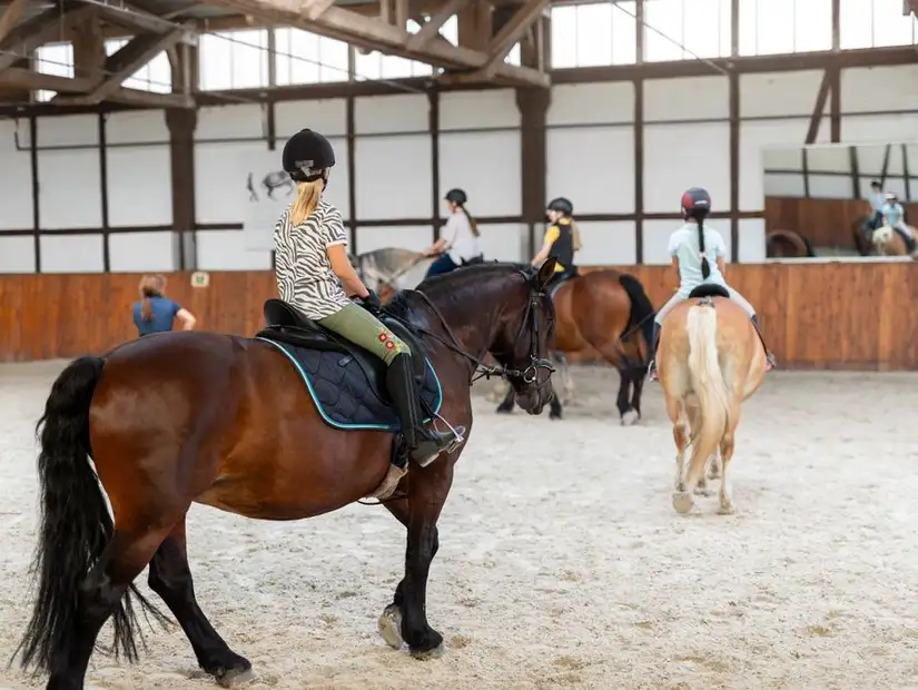 Children learning to ride horses in an indoor riding arena.