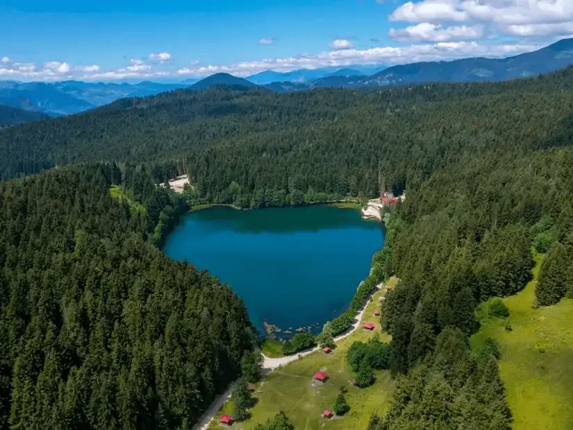 An aerial view of the peaceful Karagöl Lake, surrounded by dense forests and mountain peaks.