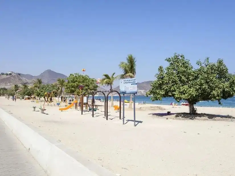 A panoramic view of Khorfakkan's beautiful coastline with crystal-clear waters and the surrounding mountains.