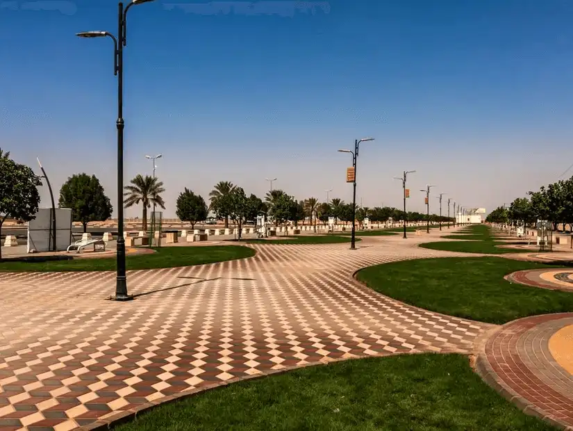 A scenic, wide-open walkway with palm trees and a clear blue sky.