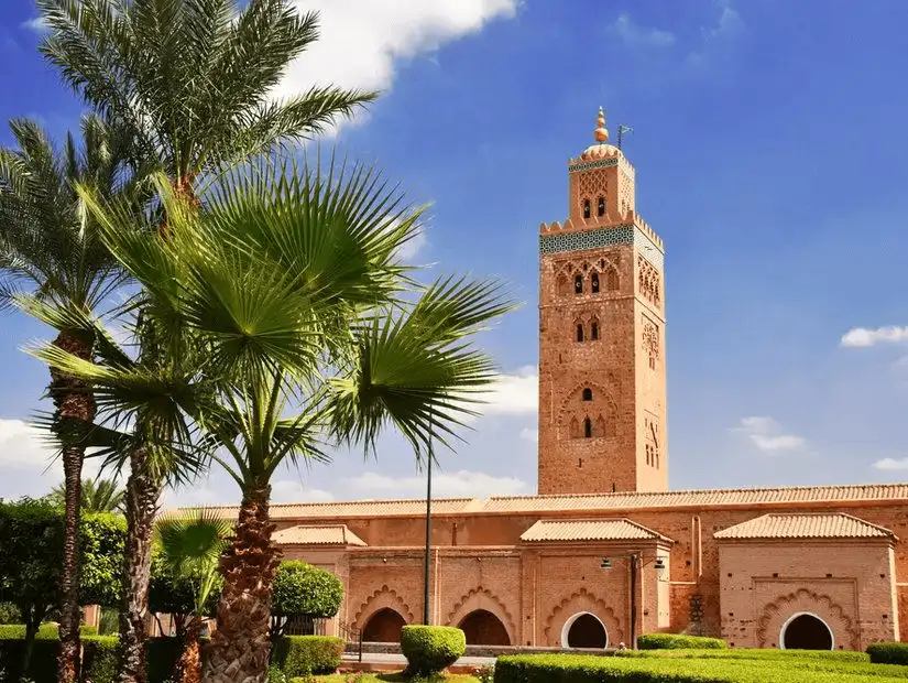 The iconic Koutoubia Mosque, known for its towering minaret in Marrakesh.