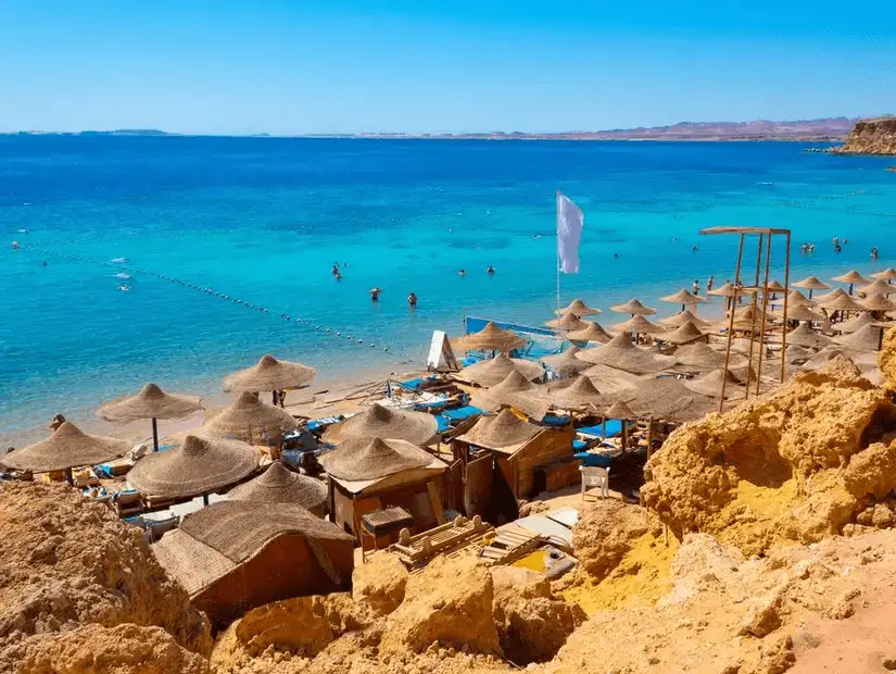 Overlooking a busy beach lined with straw umbrellas, offering a perfect spot for summer leisure by the sea.