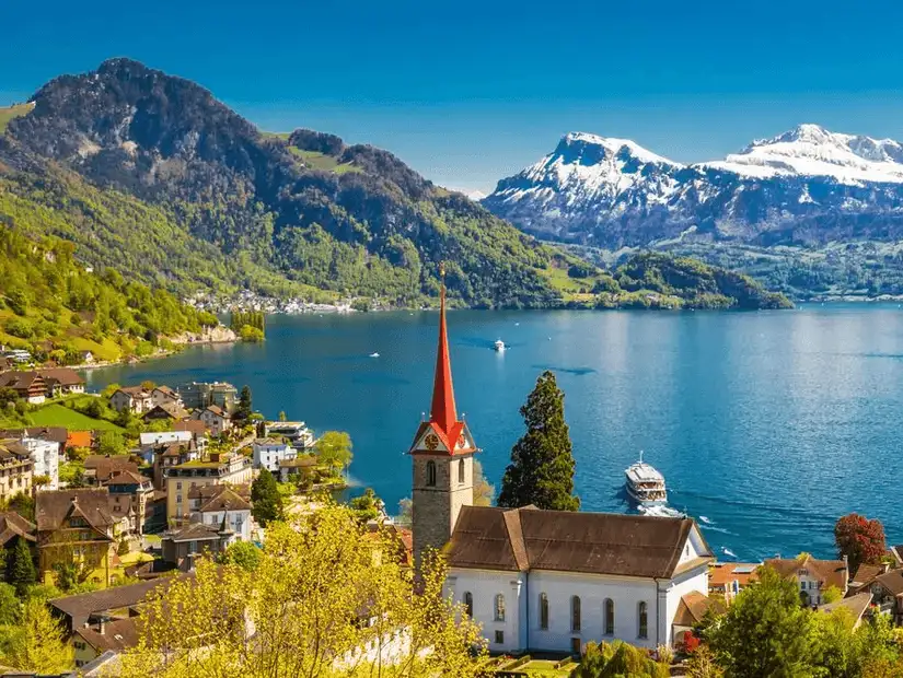 Charming lakeside town of Lucerne with snowy mountains in the background.