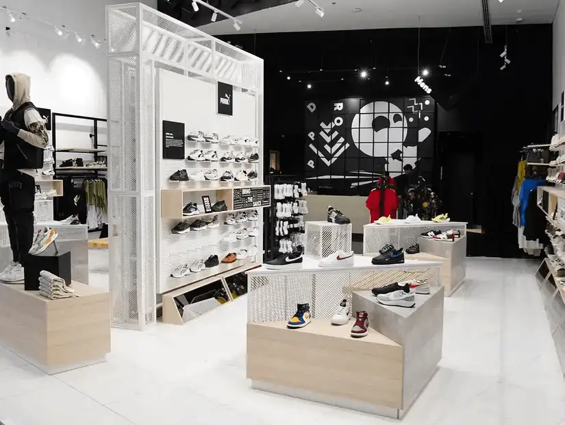 Modern sneaker store with a variety of footwear on display.