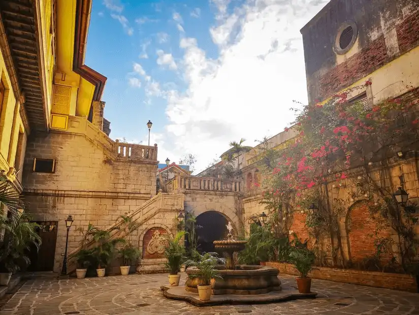 Spanish-style courtyard with a fountain.