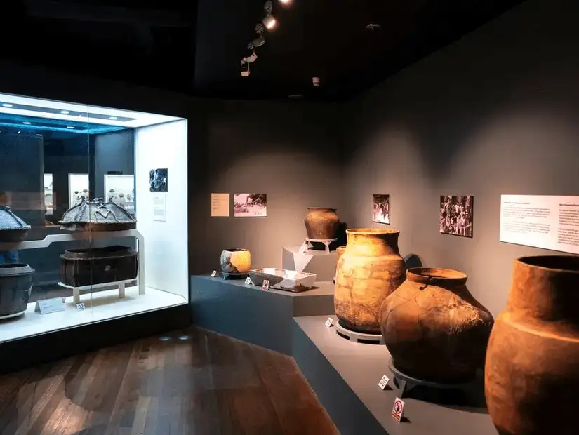 Display of ancient artifacts in a museum.