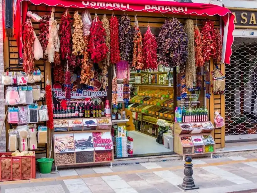 A vibrant spice shop filled with colorful dried herbs and spices in Marmaris.