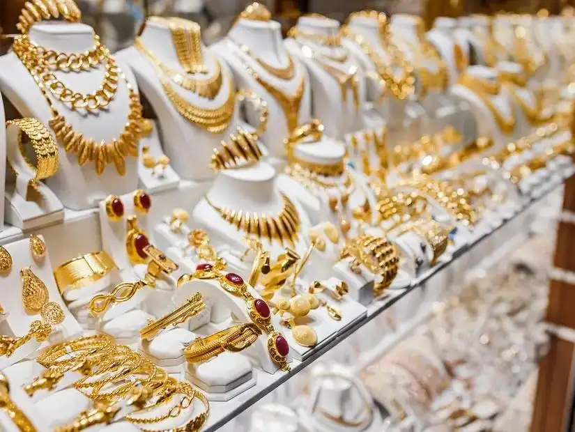 A stunning collection of gold jewelry displayed in a shop in Marmaris.