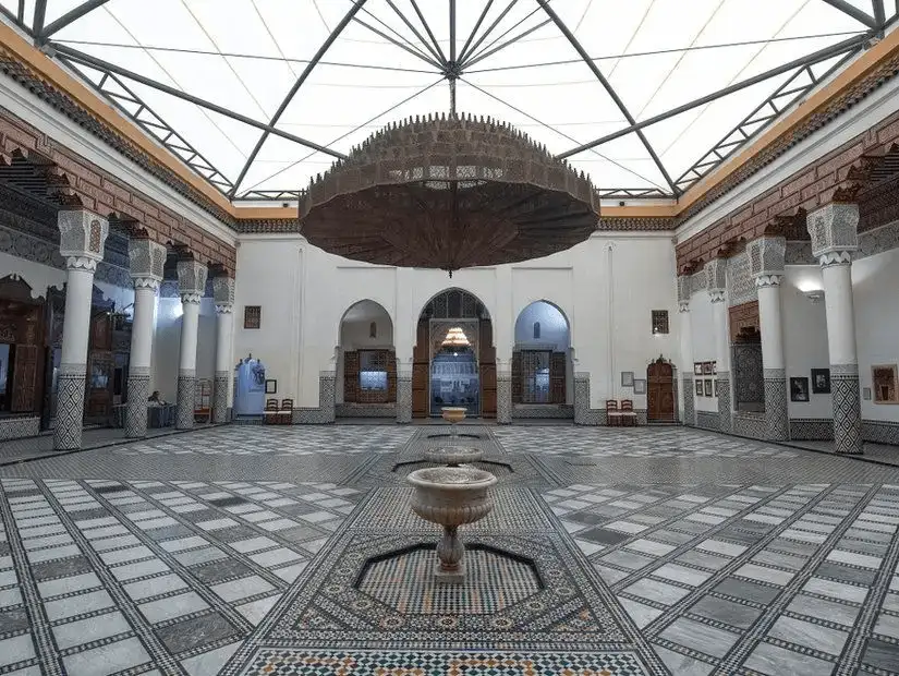 The central hall of the Marrakesh Museum, exhibiting Moroccan art and architecture.