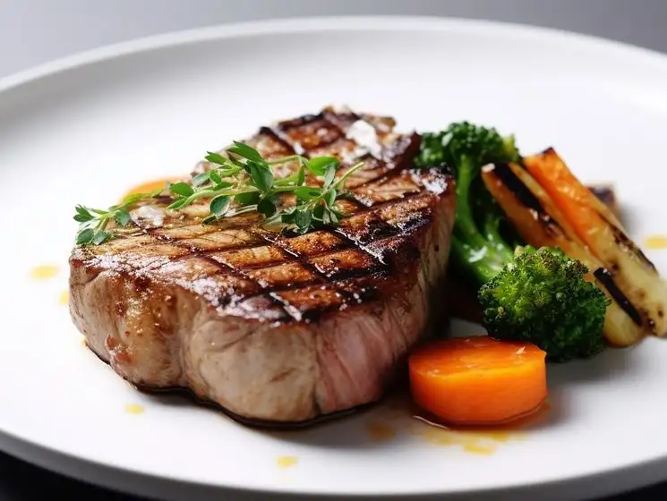 Char-grilled steak cuts with a side of broccoli and carrots, offering a balanced gourmet meal.