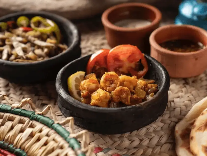 Delicious seafood curry served with a side of fresh vegetables and lemons.