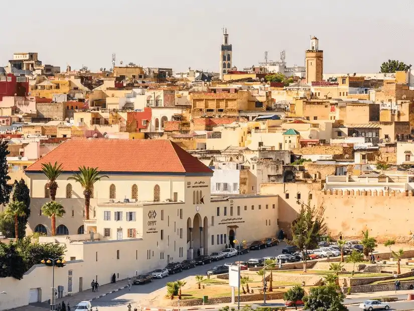 Cityscape of Meknes showcasing traditional Moroccan buildings.