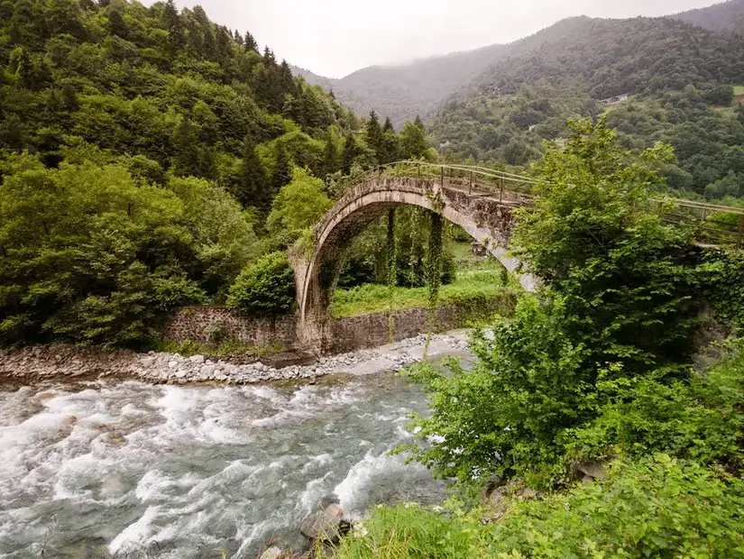 A picturesque rural landscape of northern Turkey with villages and forests.
