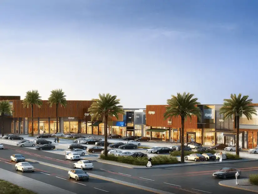 A modern retail park illuminated by the setting sun, featuring a variety of shops and a spacious parking area.