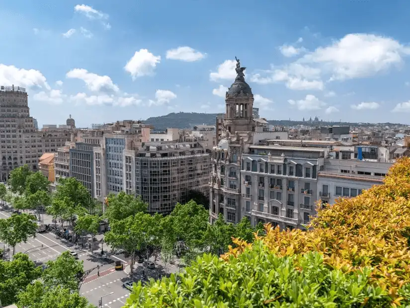 A stylish boulevard lined with luxury shops and iconic modernist buildings.