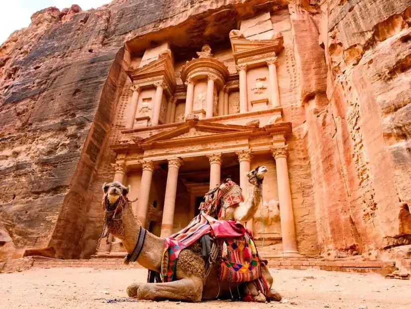 A majestic view of the rock-cut architecture of Petra, one of the Seven Wonders of the World.