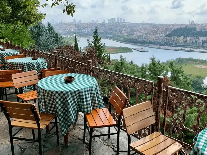 A serene outdoor view from the Pierre Loti Café, offering panoramic views of Istanbul’s skyline and waterways.
