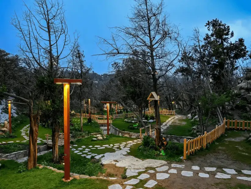 A peaceful pathway lined with trees and lampposts in Raghadan Forest.