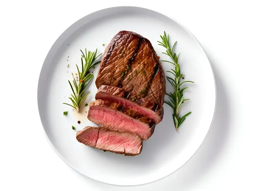 Minimalist steak presentation with crisp lines and vibrant green herbs, highlighting the steak’s perfect sear.