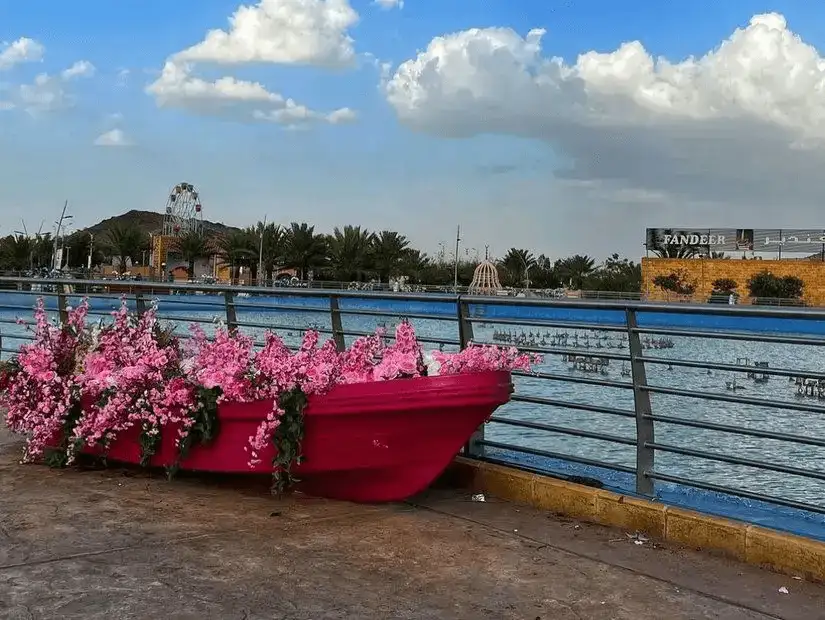 A pink boat filled with flowers by the lakeside.