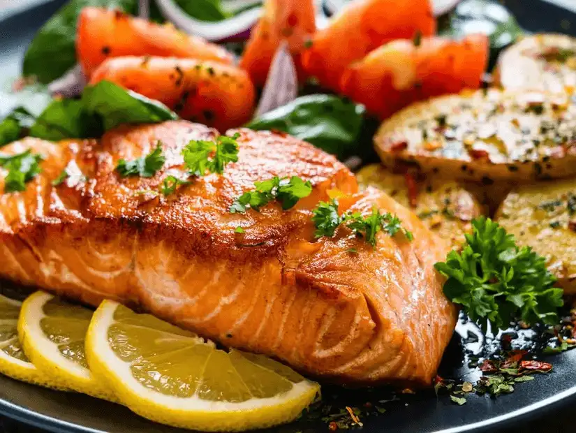 Grilled salmon served with a side of fresh vegetables, a healthy delight.