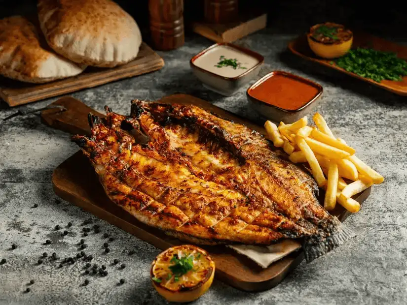 A rustic grilled fish platter with fries and dips.