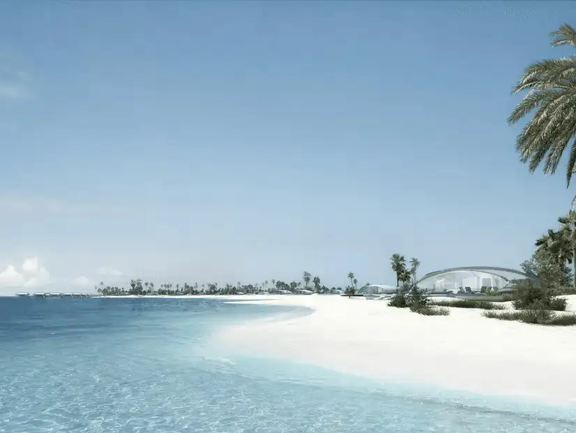 Panoramic view of Shibara's pristine white sand beach, with lush palm trees and futuristic architecture in the distance.