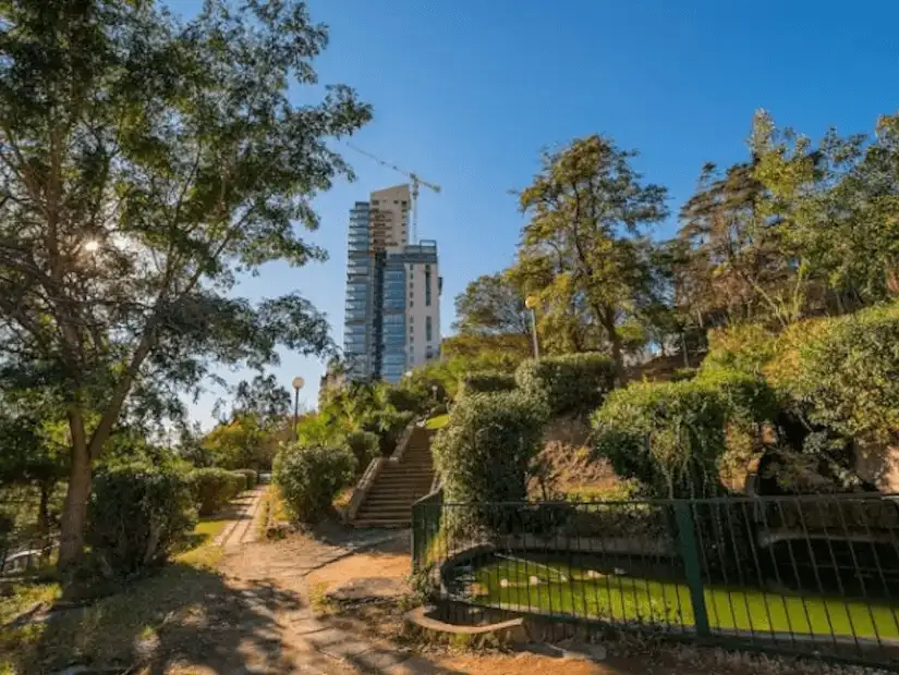 A peaceful park with lush greenery and towering buildings in the background.