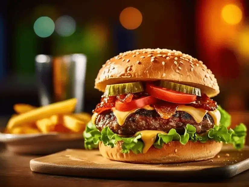 Classic cheeseburger with crispy bacon, fresh vegetables, and a side of fries.