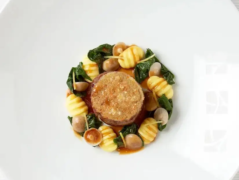 A sophisticated dish featuring a perfectly seared round of beef, nestled on a bed of vibrant greens and pillowy gnocchi.