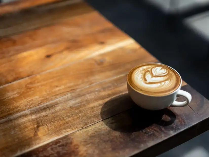 Latte art on a wooden table.