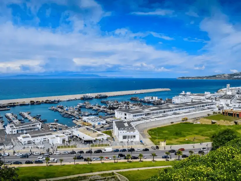 Panoramic view of Tangier's bustling port and coastline.