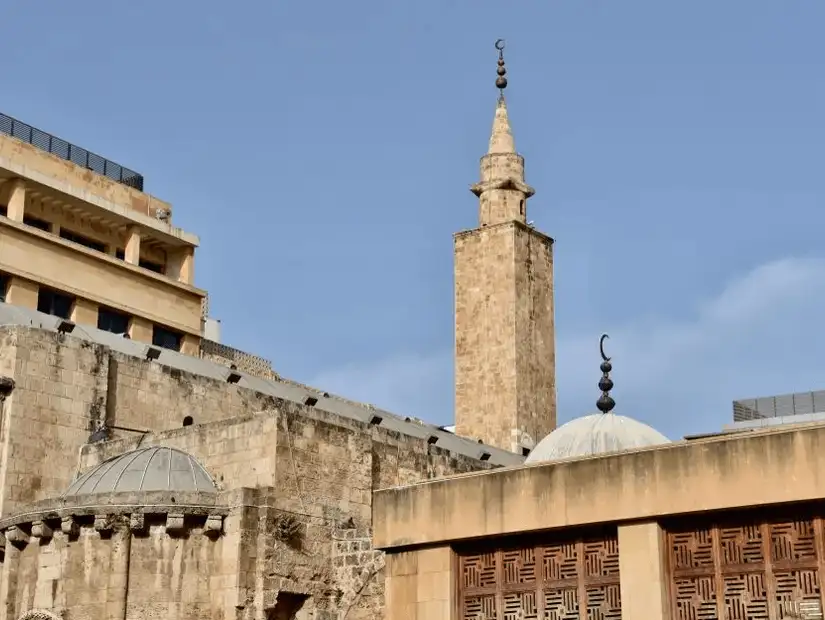 The historic Great Omari Mosque in Beirut, with its traditional minaret standing tall against the sky.