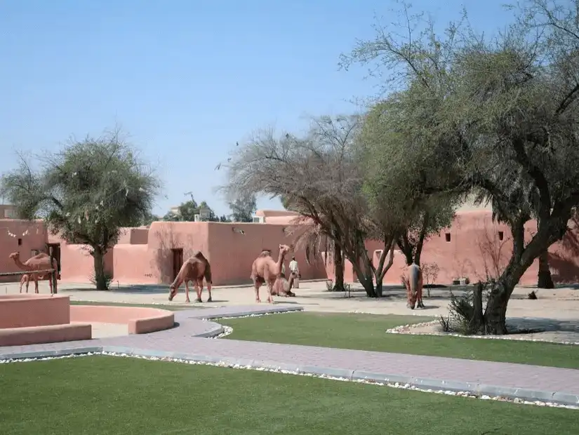 Camels resting by The Red Palace, an important historical landmark in Kuwait.