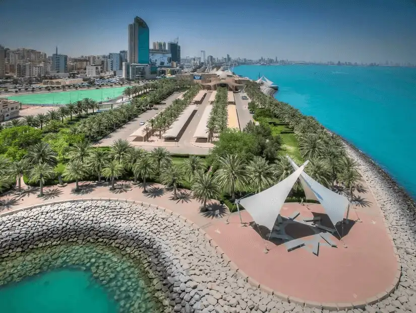 A scenic aerial view of The Scientific Center in Kuwait, by the turquoise waters of the Arabian Gulf.