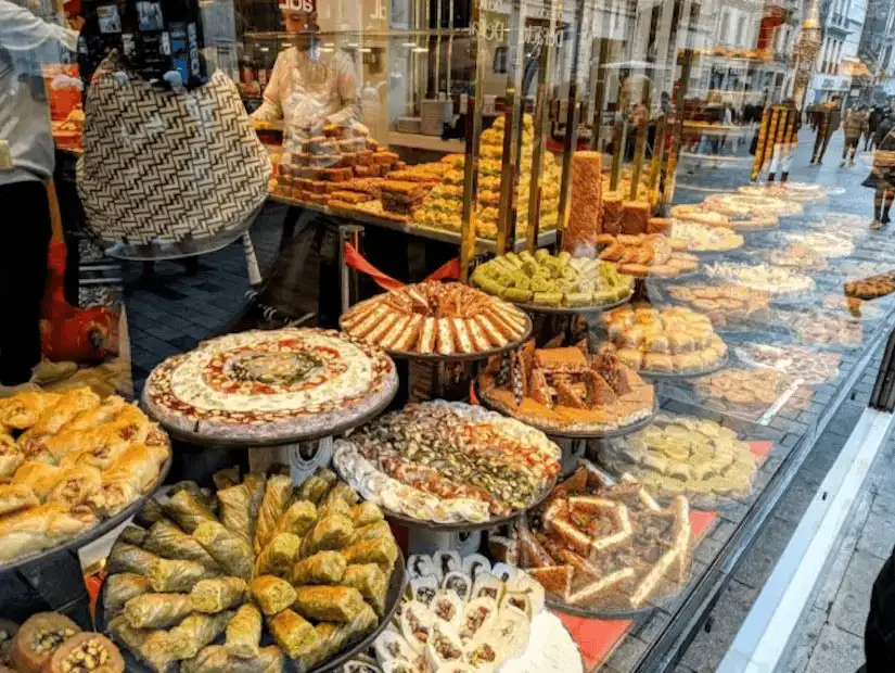 A display of traditional Turkish sweets in Istanbul.