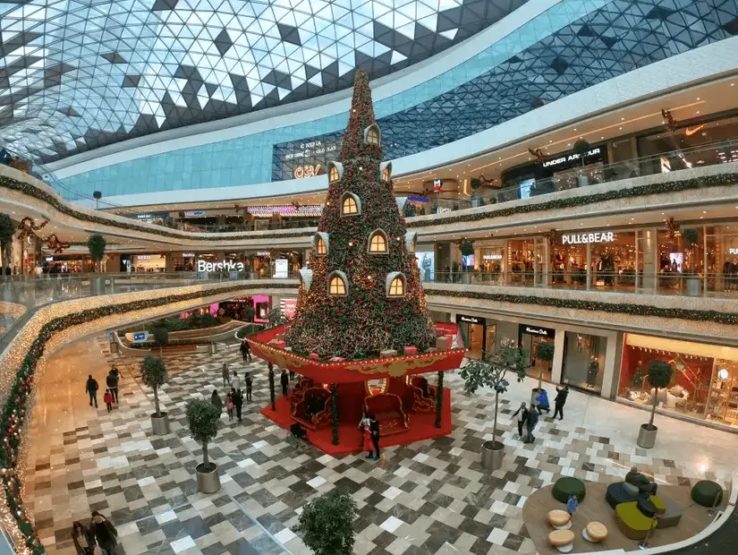 Interior of Vadistanbul shopping mall with Christmas decorations.