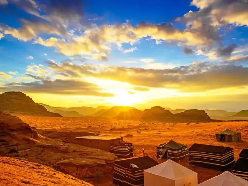 A breathtaking desert landscape in Wadi Rum, famous for its dramatic sandstone mountains.