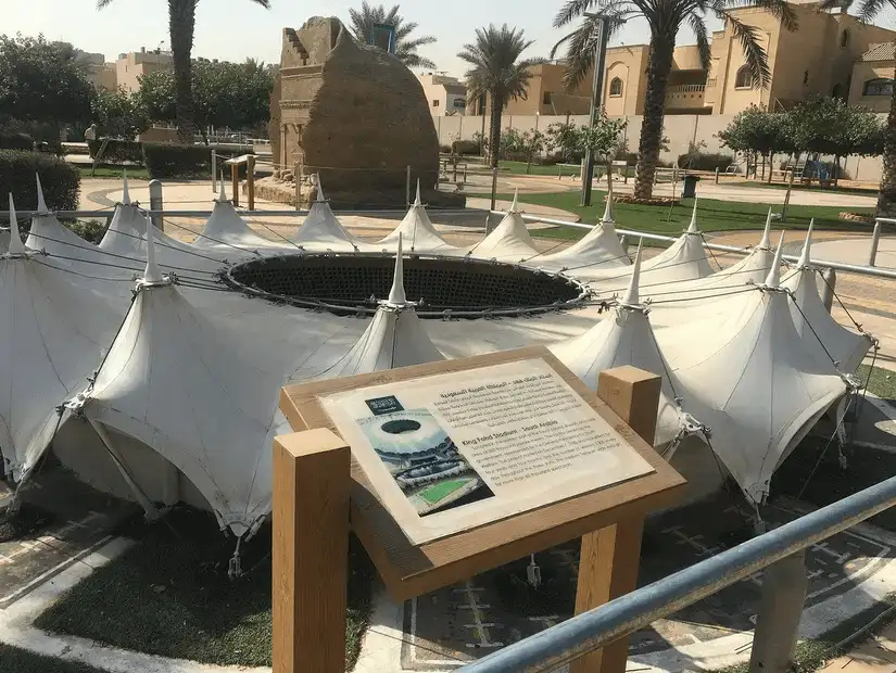 A replica of the Masmak Fort with an informative plaque at the World Sights Park.