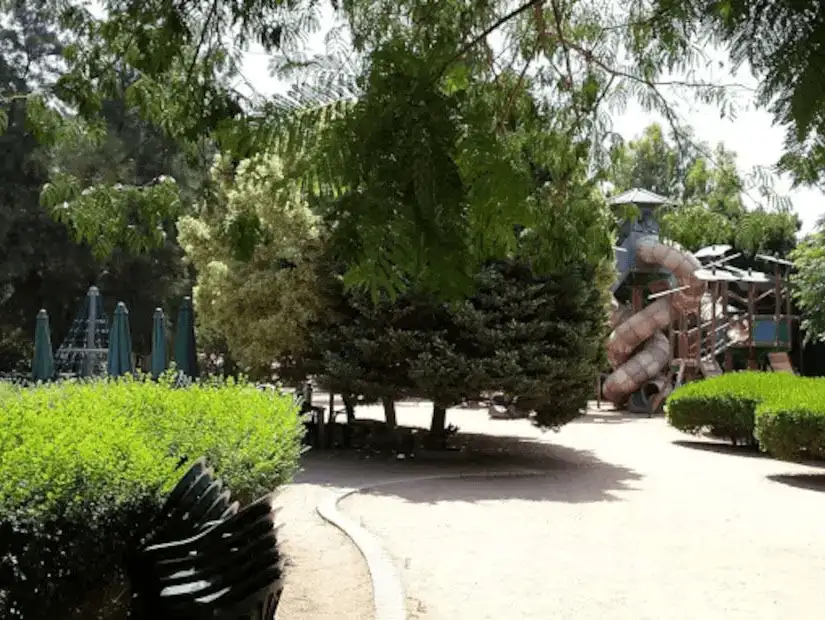 A quiet, shaded park area with playground equipment nestled among trees.