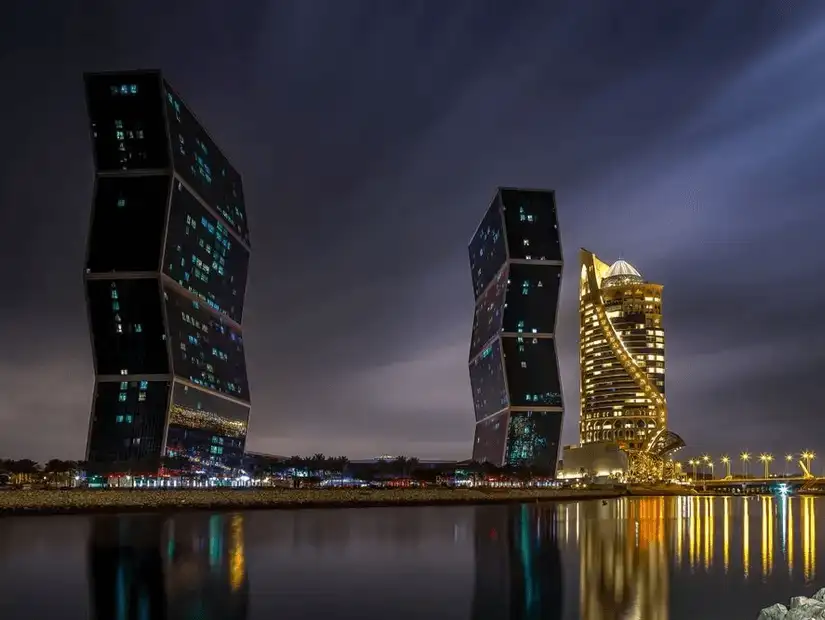 A pair of uniquely twisted skyscrapers that light up Doha’s skyline.